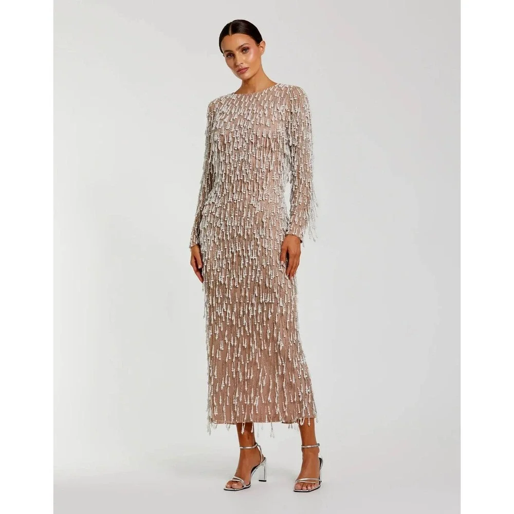 Mac Duggal Beige Long Sleeve Midi Dress With Embellished Fringe $898 - Size‎ 12